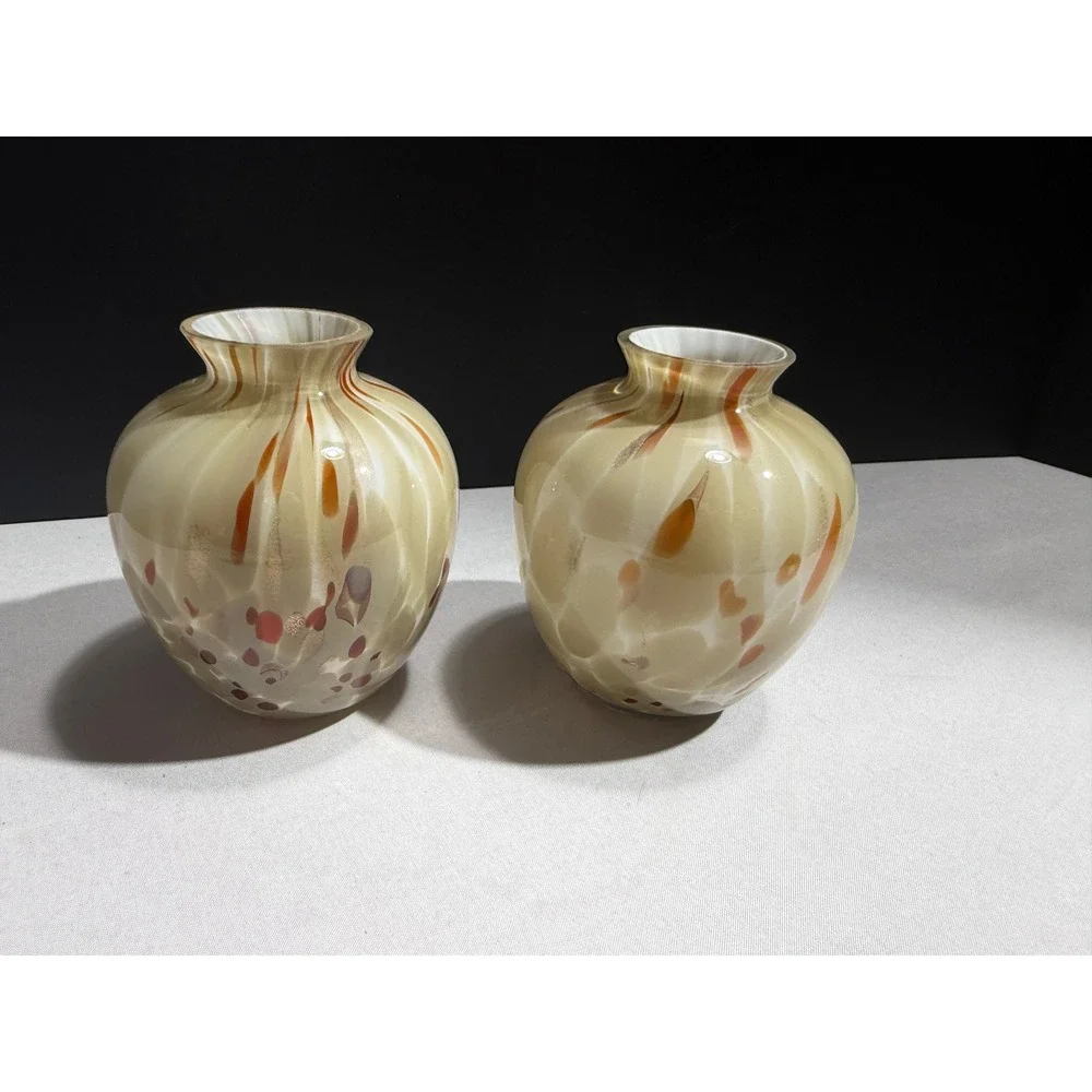 Artisan Hand Blown Glass Bud Vases Tan Red Confetti Gold Aventurine Set of 2
